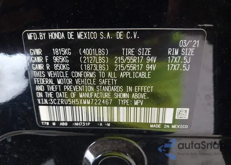 2021 Honda Hr-V 2Wd Ex z USA, uszkodzony, nr VIN 3CZRU5H5XMM722467